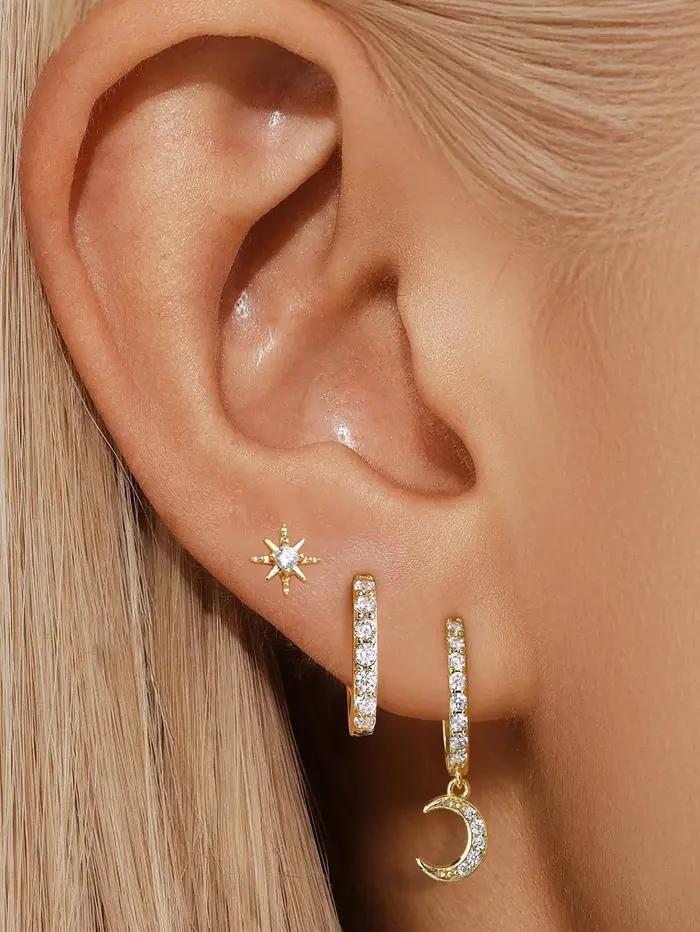 Boucles d'oreilles créoles en zircone cubique avec nœud en forme d'étoile dorée pour femmes, style classique, orifice Helix, Tragus, Cartilage, Huggie, bijoux de perçage polyvalents