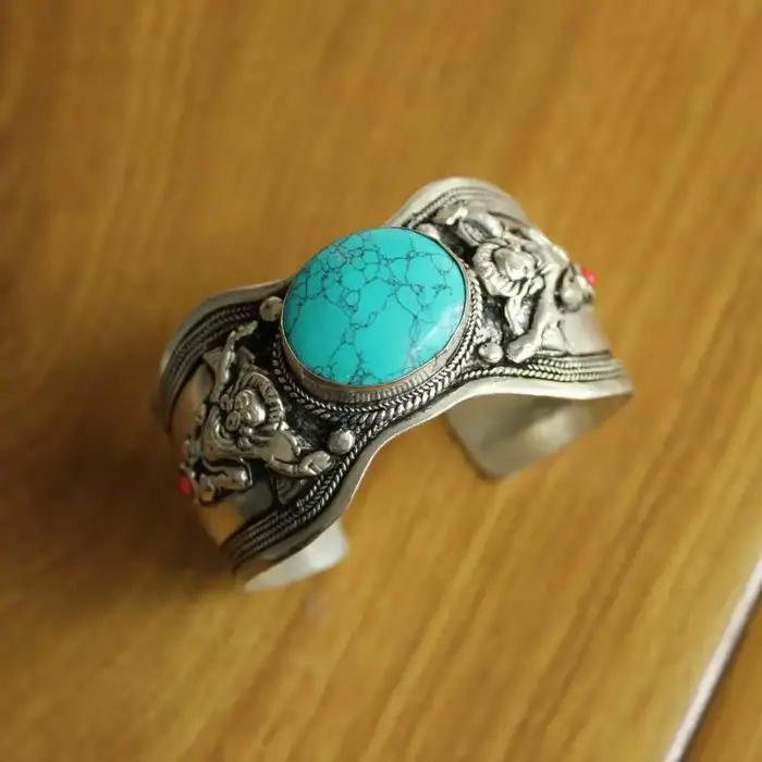 Bijoux faits à la main en argent tibétain incrusté de pierre turquoise naturelle Bracelet manchette large ouvert