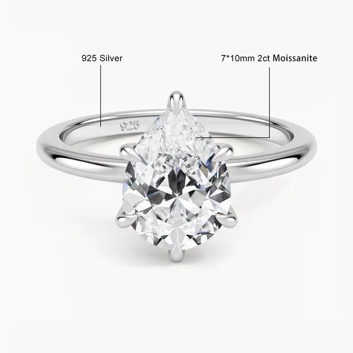 Bague Solitaire en Or Massif 14K Rempli de Moissanite Diamant 2CT Coupe Poire D VVS1 Au585 pour Femm