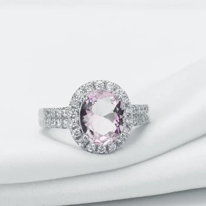Bague de fiançailles pour femme en argent sterling 925 géométrique avec pierres en zirconium rose pour engagement romantique