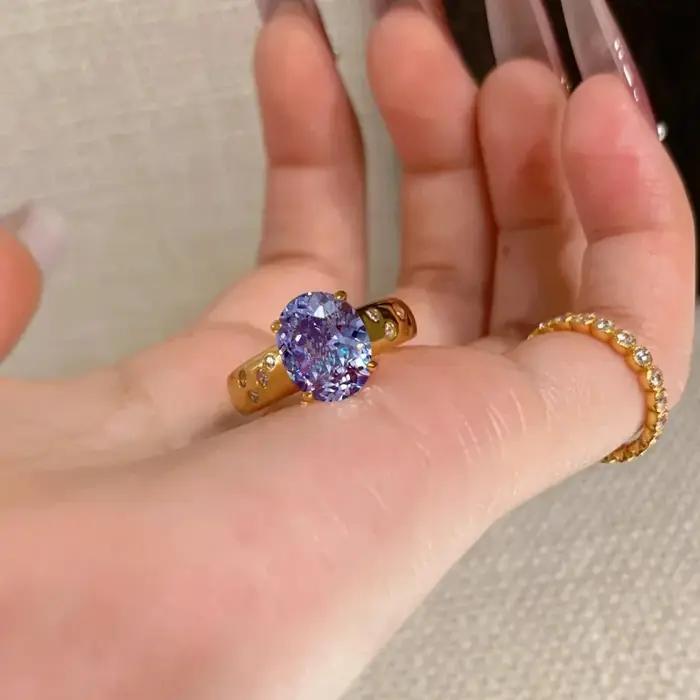 Nouvelle bague en or 18 carats plaqué diamant violet de style chinois (Zi Ji Dong Lai) - Accessoire de bijouterie simple pour femme