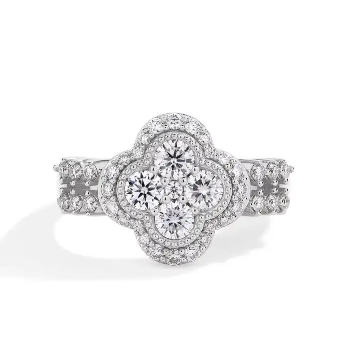 Bague en or blanc 18 carats plaqué or avec diamant, bijoux fins à quatre feuilles pour femmes, argent sterling S925, cadeau de fiançailles et de mariage
