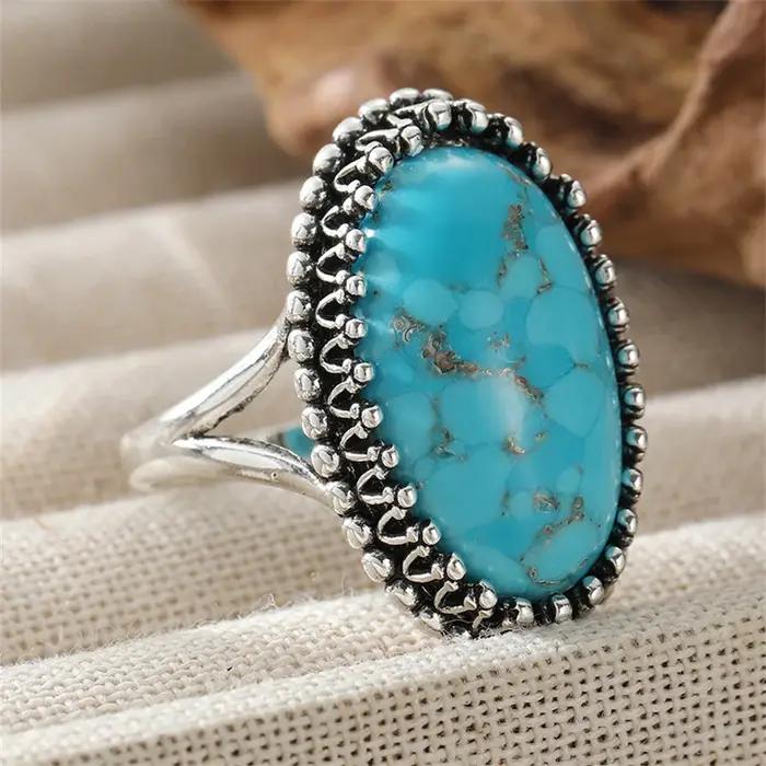 Bague Bohème pour Femme en Imitation Turquoise Incrustée, Bijou Géométrique Argenté Ethnique pour Usage Quotidien, Fête, Cadeau d'Anniversaire