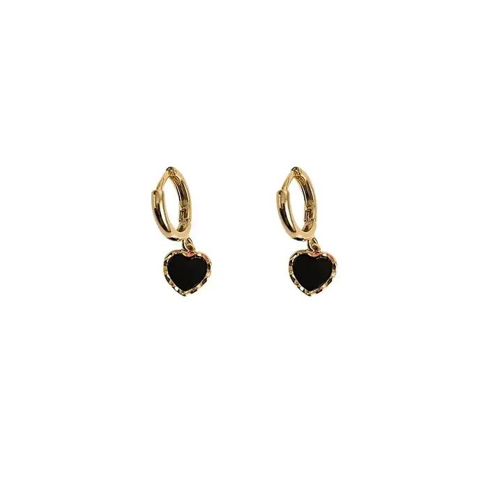 Boucles d'oreilles créoles pendentifs cœur noir couleur or pour femme
