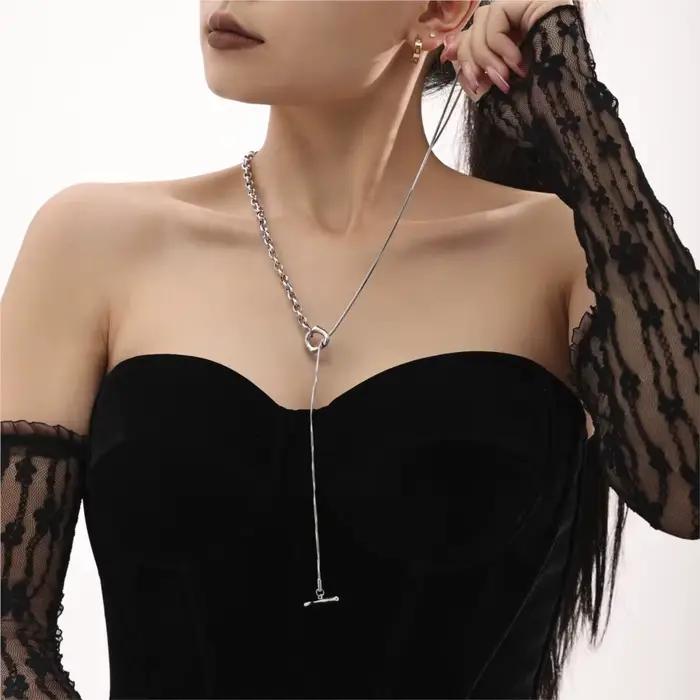 Collier Long réglable bicolore en acier inoxydable pour femmes, 80cm, couleur or argent 18 carats, boucle OT, chaîne de pull pour femmes