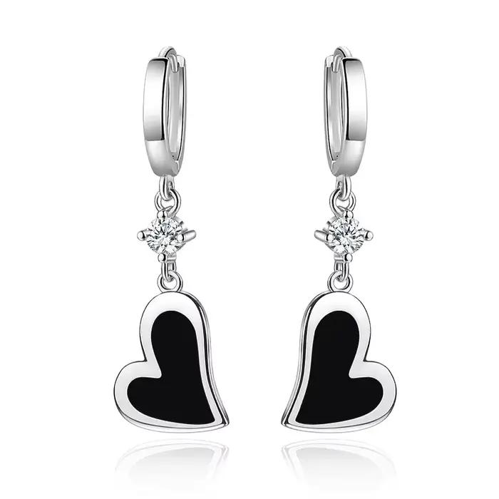 Boucles d'oreilles en argent Sterling 925 pour femmes, bijoux rétro noir en forme de cœur d'amour, a