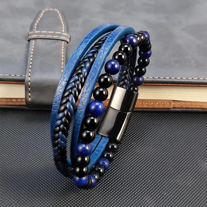 2025 nouveau Punk hommes Bracelets de perles classique mode bleu lapis lazuli perlé multicouche Bracelet en cuir