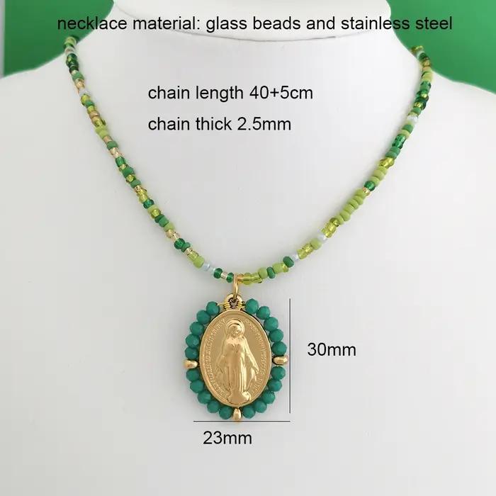 QMHJE vierge marie pendentif en acier inoxydable collier à breloques femmes tour de cou perles chaîne or argent couleur arc-en-ciel coloré bijoux