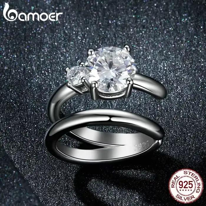 BAMOER Mono plaqué or blanc Double couche Moissanite oreille manchette 925 en argent Sterling oreille pince Moissanite boucles d'oreilles pour les femmes