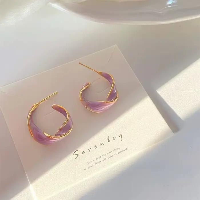 Petites boucles d'oreilles créoles pour femmes, couleur émail, Texture métallique, plaqué or, boucle