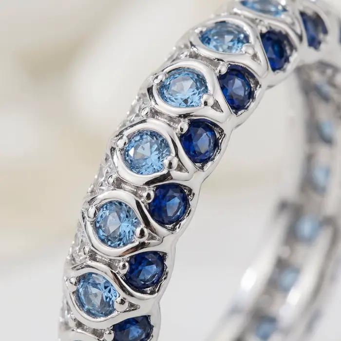Bague éternité complète en argent sterling 925 avec saphir bleu synthétique pour femme, alliance empilable, bijou de fiançailles et de promesse
