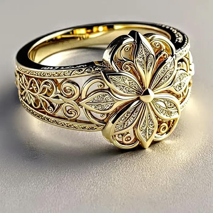 Bague de cocktail Huitan gravée de fleurs géométriques élégante pour femmes occasions spéciales partys mariages