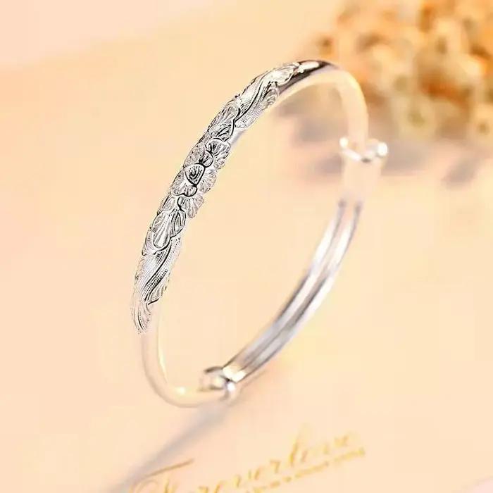 Bracelet jonc rond en argent sterling 925 motif géométrique avec pierres blanches pour femme