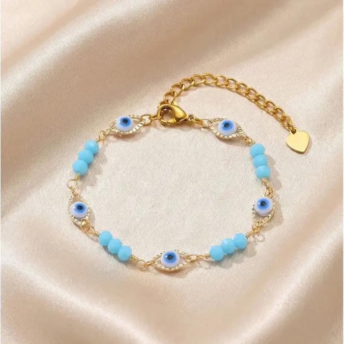 Bracelet Œil Turc En Acier Inoxydable Pour Femmes Perles Turquoises Chaîne De Maillons Protection Amulette Cadeau Occasions Spéciales