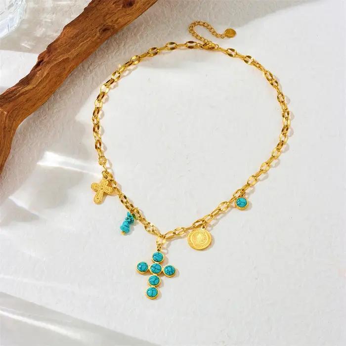 Collier avec pendentif croix turquoise en acier inoxydable 316 pour femmes et filles