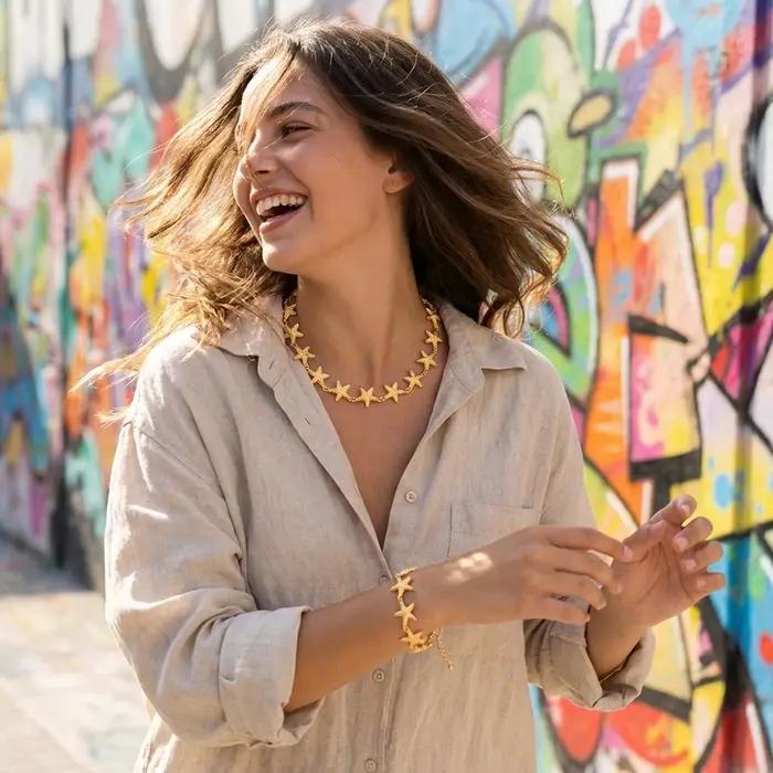 Ensemble collier et bracelet étoile de mer doré style bohème pour femme