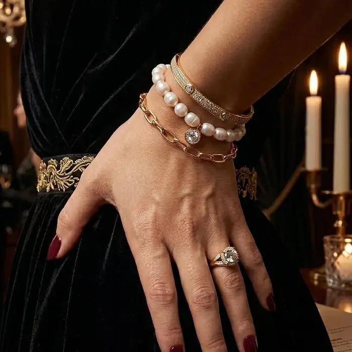 Bracelet en perles pour femmes plaqué or 18 carats avec breloque en zircon réglable en acier inoxydable pour occasions formelles et événements de gala