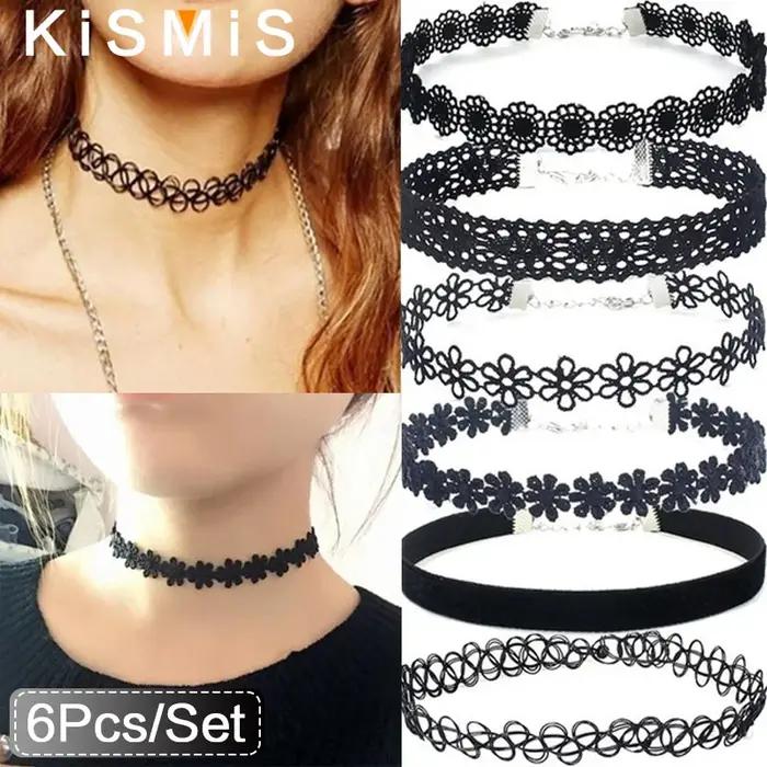 KISMIS 6 pièces/ensemble noir dentelle Sautoirs collier ensemble Vintage gothique Punk élastique
