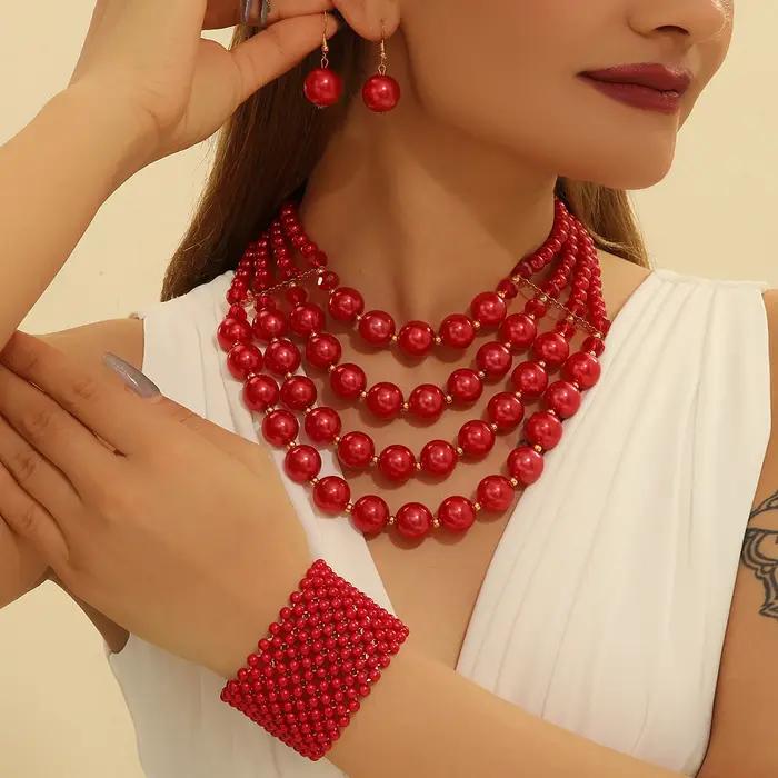 Ensemble de bijoux de mariage pour femmes imitation perles en cristal multicouche fait main collier boucles d'oreilles bracelet occasions spéciales