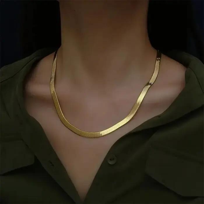 Collier chaîne plate plaqué or couleur argent pour femme, bijoux fins de luxe, tour de cou clavicule