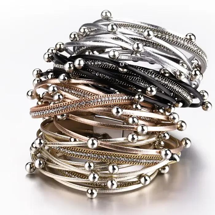 ALLYES – Bracelets en cuir à breloques en perles métalliques pour femmes et hommes, chaîne en cristal, bohème, multicouche, bijoux féminins