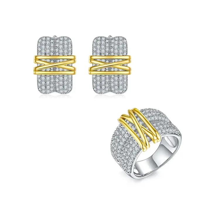 Laya Boucles D'Oreilles Ensembles De Bagues Pour Femmes En Argent Sterling 925 Mode Rétro Or Clair Multi-Lignes Brillant Zircon Original Bijoux Modernes