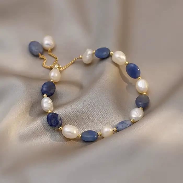 Bracelet à breloques en pierre de Jade bleue et perle d'eau douce baroque