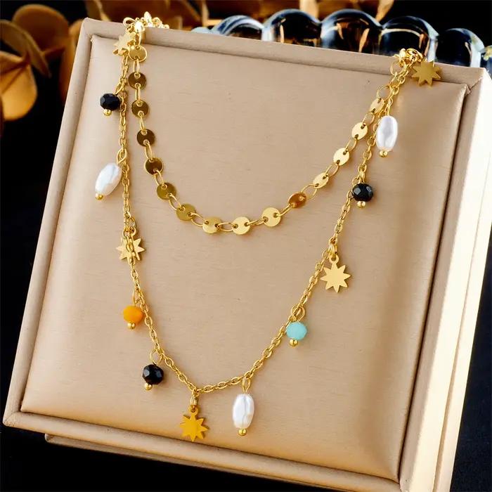 Collier Pentacle de Perles Géométriques en Acier Inoxydable Finition Or Jaune Clair Bijou Fait pour les Femmes Occasions Spéciales Protection Mystique