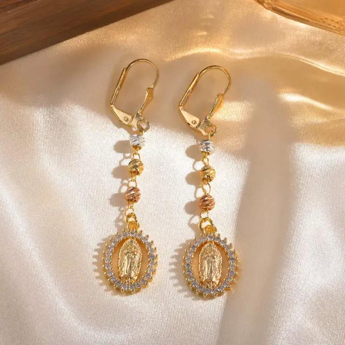 Boucles d'oreilles pendantes vintage religieuses de la vierge marie pour femmes, boucles d'oreilles longues en zircon plaqué or 14 carats, bijoux de prière hypoallergéniques