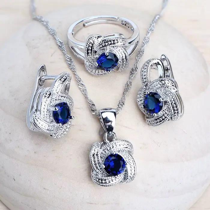 Ensembles de bijoux en zircon bleu pour femmes, en argent Sterling 925, Costume de mariage, bijoux,
