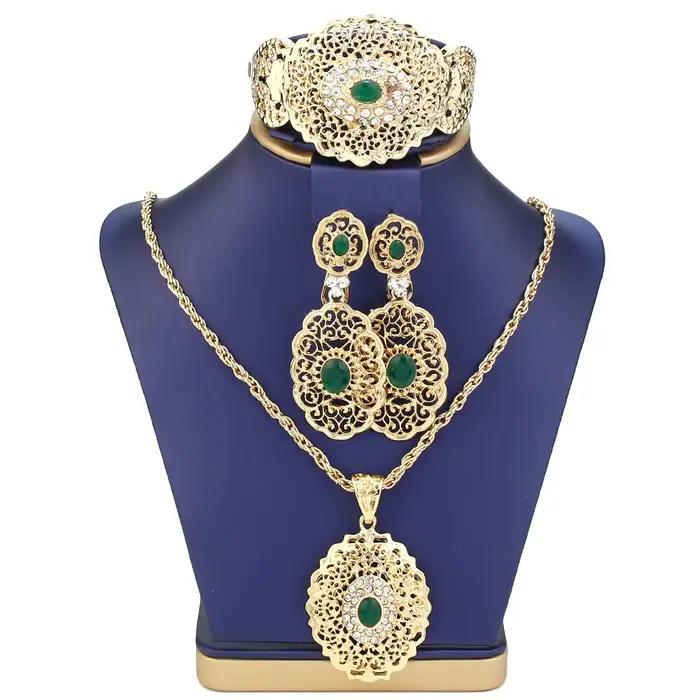 Sunspicems ensemble de Bijoux de mariage algérien et marocain couleur or boucles d'oreilles goutte manchette Bracelet pendentif collier de mariée arabe