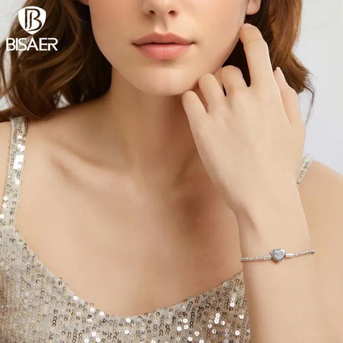 BISAER réel 925 en argent Sterling coeur Bracelet de base amour étoilé Bracelets pour femme breloques perles bricolage bijoux fins EFB209