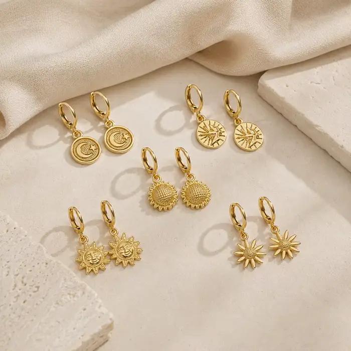 Boucles d'oreilles créoles rondes Soleil et Lune, Série Étoiles, Fleurs, Œil de Dieu, Simples, Quotidiennes, Cadeau de Fête, Nouveauté, Délicates, Bijoux pour Femme