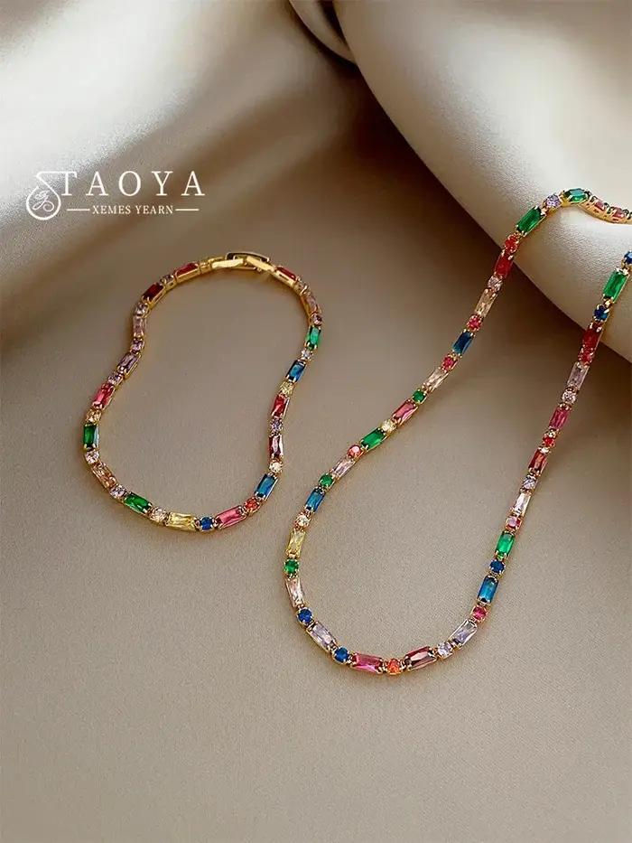 Ensemble de bijoux pour femmes en zircone coloré, colliers ras du cou, bracelets dorés, cadeau de luxe pour occasions spéciales