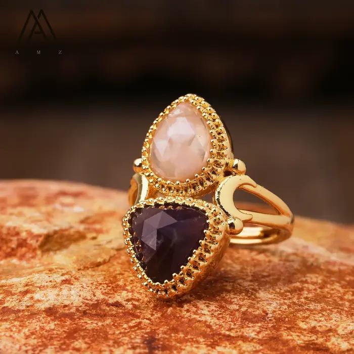 Bague réglable en forme de triangle avec pierres précieuses en cristal naturel, bijoux de mariage de créateur, alanding ysts