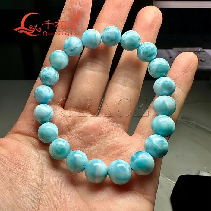 Bracelet en Larimar naturel en forme de boule de 10mm pour femmes et hommes bijou fin pierres précieuses blanches et bleues occasions spéciales