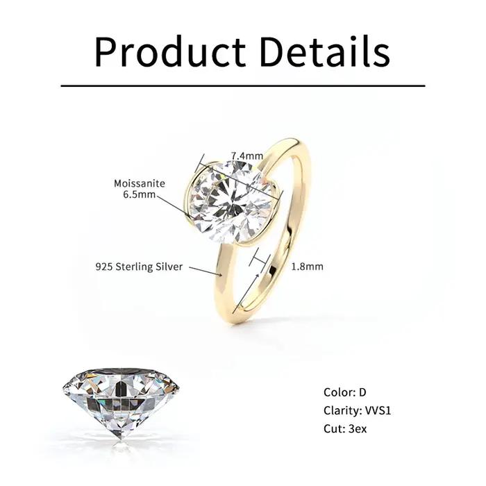 RAPRGOLD 1CT Moissanite classique Solitaire bague de mariage 925 en argent Sterling dames bagues de fiançailles pour les femmes bijoux fins cadeaux