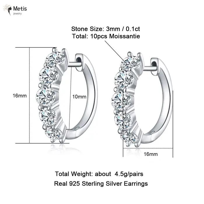 Boucles d'oreilles créoles Metis 3 carats en moissanite, plaqué platine sur argent sterling 925, ave
