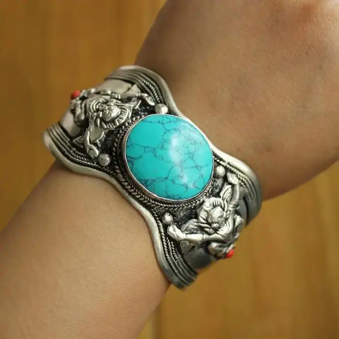 BR501 bijoux faits à la main en argent tibétain incrusté de pierre turquoise naturelle Bracelet manc