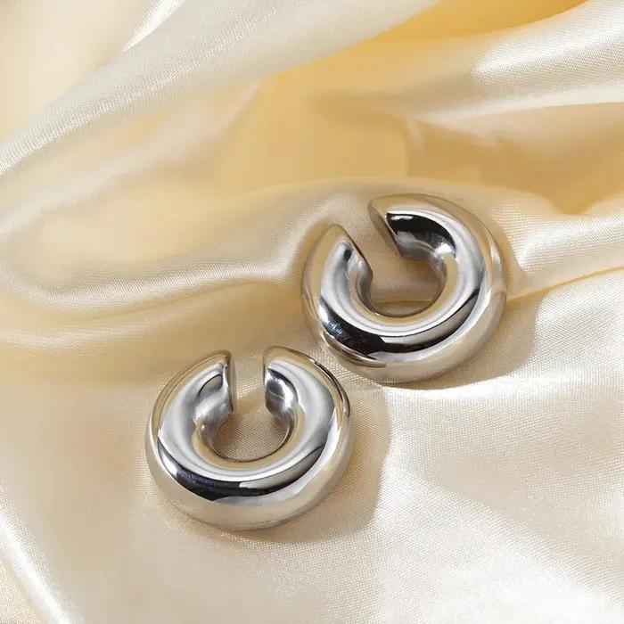 Boucles d'oreilles créoles épaisses en forme de C pour femmes, cercle brillant, couleur or argent, acier inoxydable, pour occasions spéciales et quotidienne, cadeau pour maman, filles, dames, amies