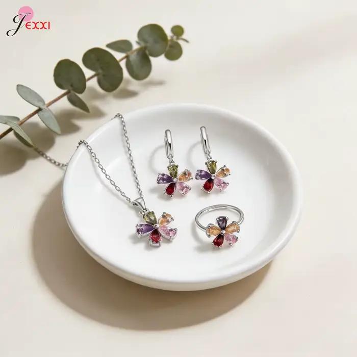 Parure de bijoux en argent sterling 925 véritable, motif floral coloré, avec pendentif fleur multi-p