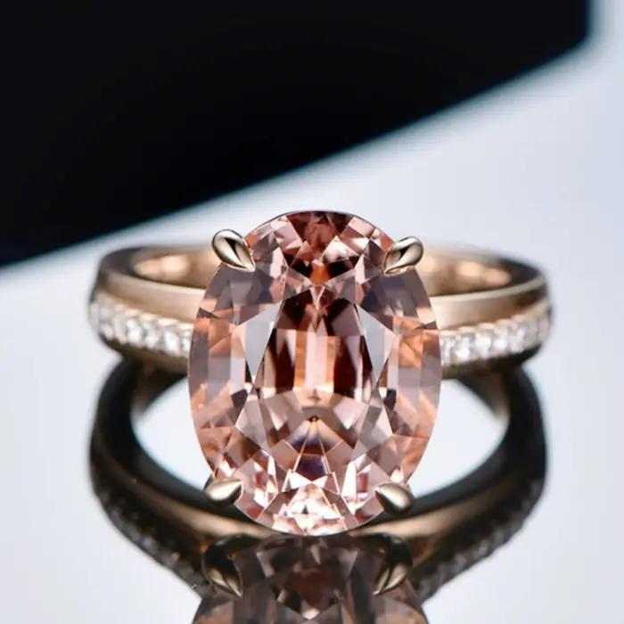 Bague Morganite Naturelle et Diamant Simulé Plaquée Or 18K Élégante et Tendance Occasionnels Femme
