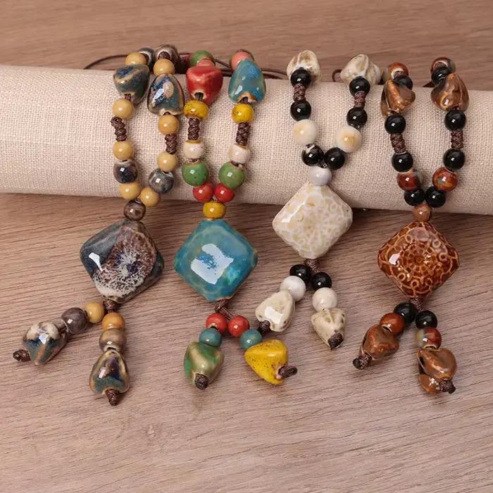 Collier en céramique artistique rétro polyvalent pour femmes, longue chaîne de pull géométrique bohème, accessoire Simple et élégant, parfait
