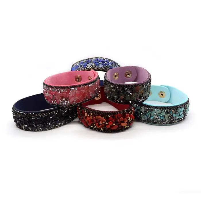 Bracelet en cuir avec perles de pierre naturelle larges, pour filles, ornements faits à la main pour femmes, manchette, bijoux de fête