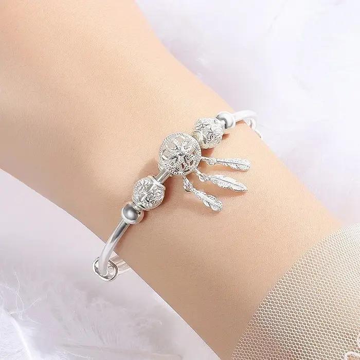 Bracelet en argent Sterling 925 attrape-rêves pompon plume perle ronde pour femmes occasions spéciales cadeau de mariage