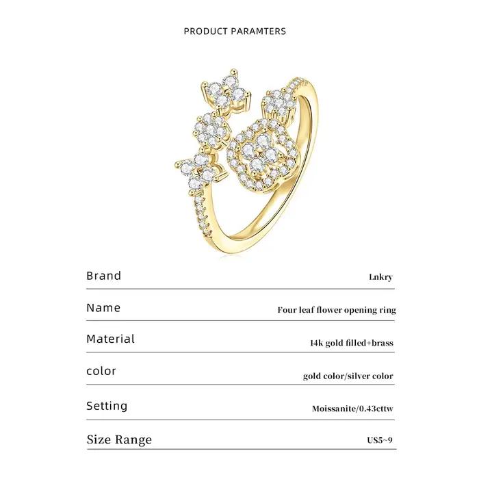 Bague réglable en or 14 carats pour femmes sertie de moissanite et zircon fleur à quatre feuilles bijou cadeau occasion spéciale
