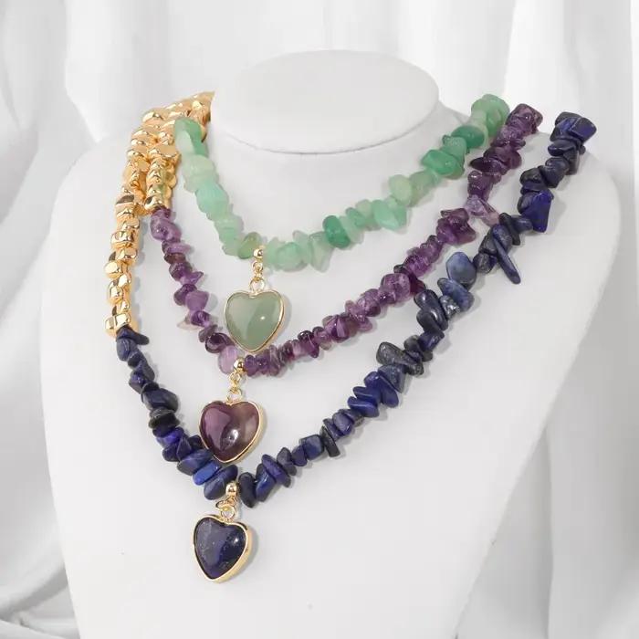 Hématite gravier pierre naturelle puces perles Neclace mode coeur forme pendentif collier bijoux pour les femmes