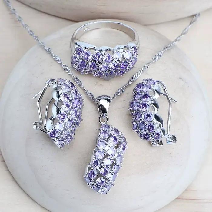 Ensemble de bijoux de mariée en argent 925 zircon motif plante collier bracelet bague boucles d'oreilles