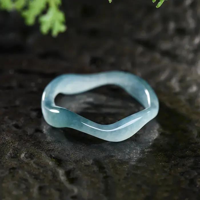 Bague en jadéite naturelle du Myanmar, motif vague d'eau, bijou sculpté de luxe, véritable amulette
