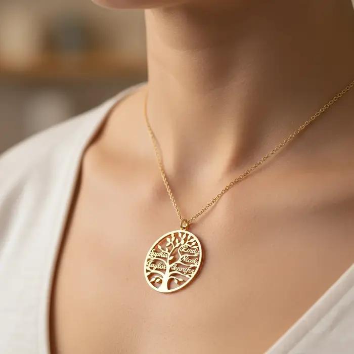 Collier personnalisé Arbre de Vie avec prénoms acier inoxydable plaqué or 18k cadeau pour mère enfants membres de la famille occasions spéciales